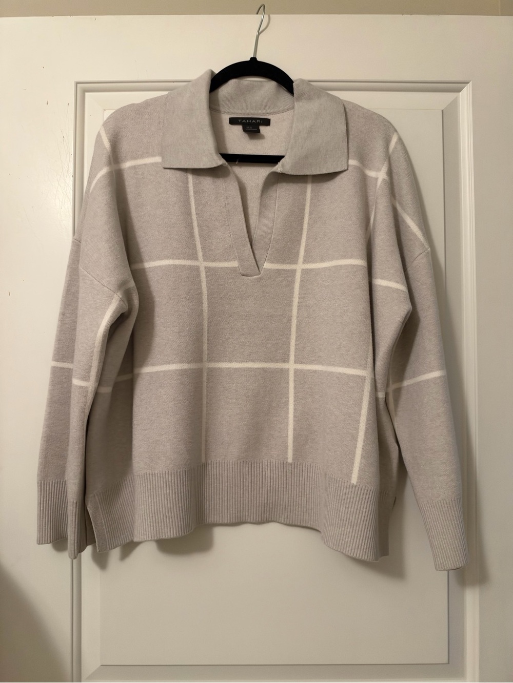 Tahari Grey and White Windowpane V-Neck Collared Sweater